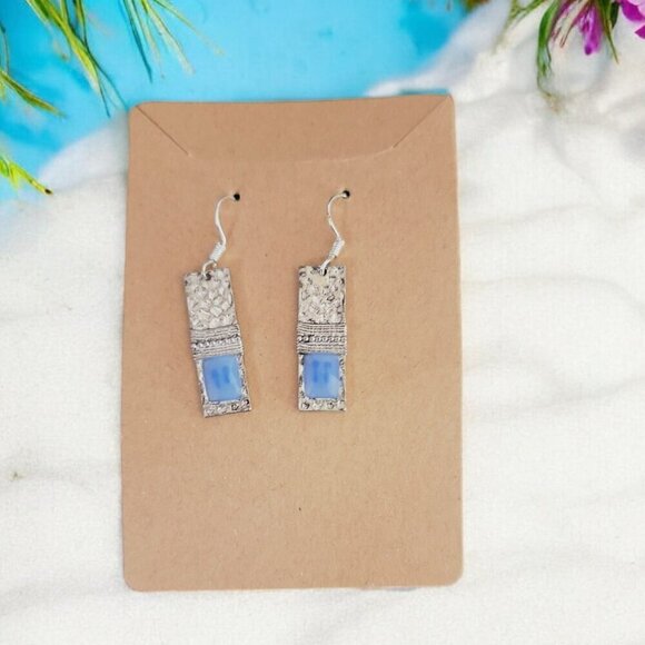 Hammered Silver Plated Earrings with Pastel Blue Stone - New - - Picture 1 of 2